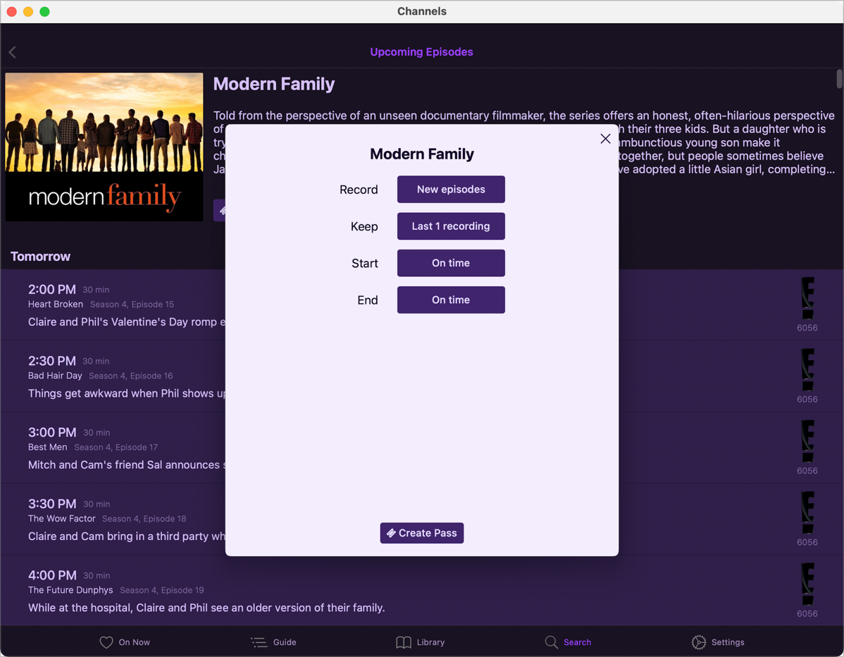 Channels Search for Modern Family Showing Create a Pass