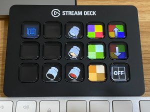 Elgato Stream Deck with buttons for controlling NanoLeaf bulbs and light panels.