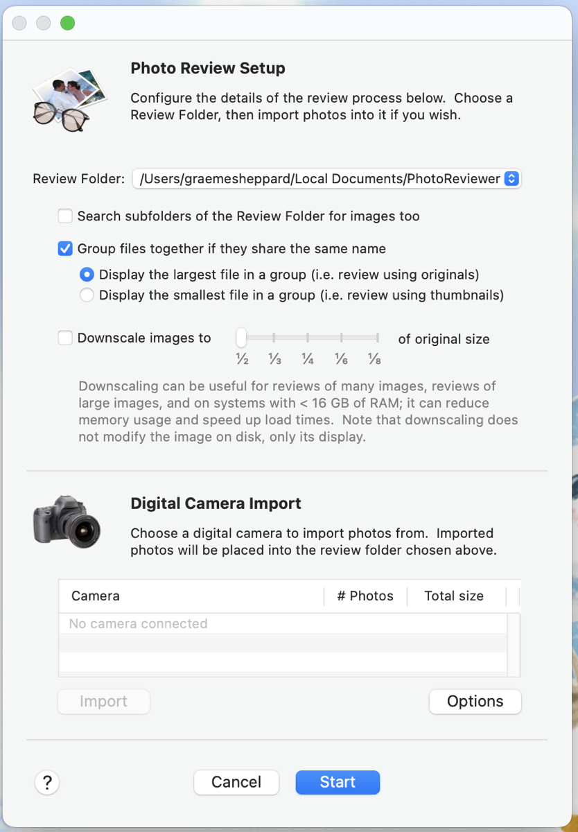 PhotoReviewer Import showign review folder, groupingoptions and a start buttong