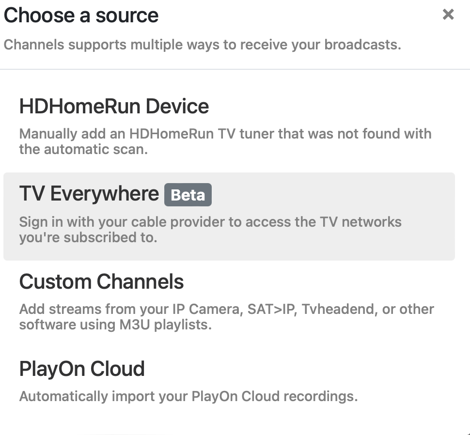 Selecting TV Everywhere from Channels DVR App on Synology