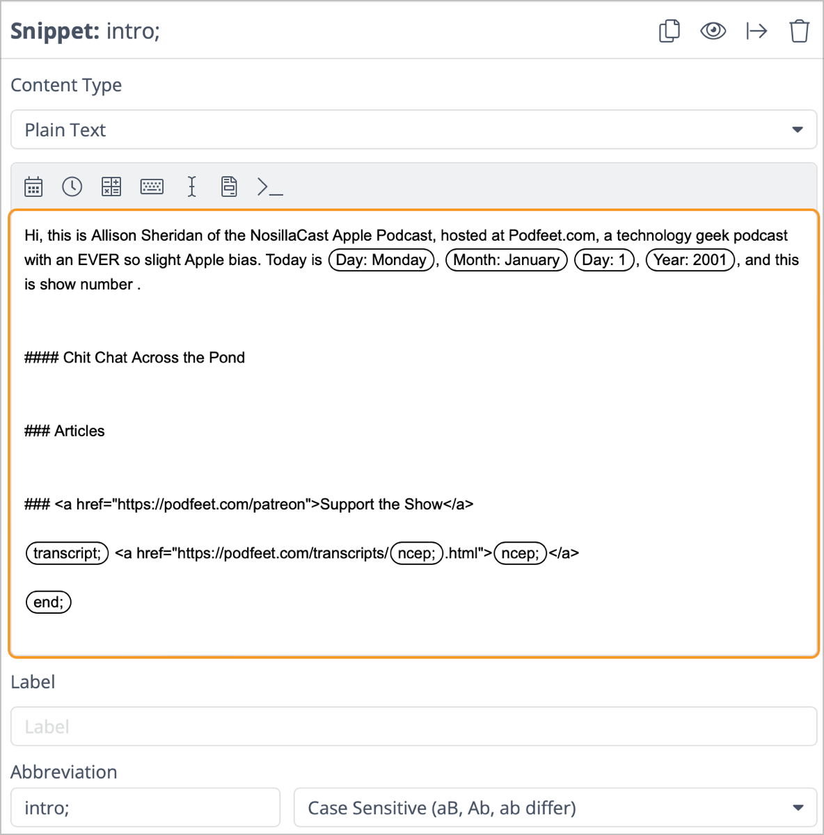 TextExpander Snippet for NosillaCast with Embedded Transcript Snippet
