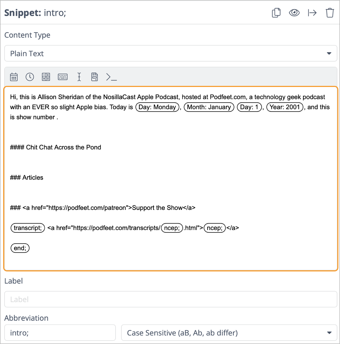 TextExpander Snippet for NosillaCast with Embedded Transcript Snippet.png TextExpander Snippet for NosillaCast with Embedded Transcript Snippet