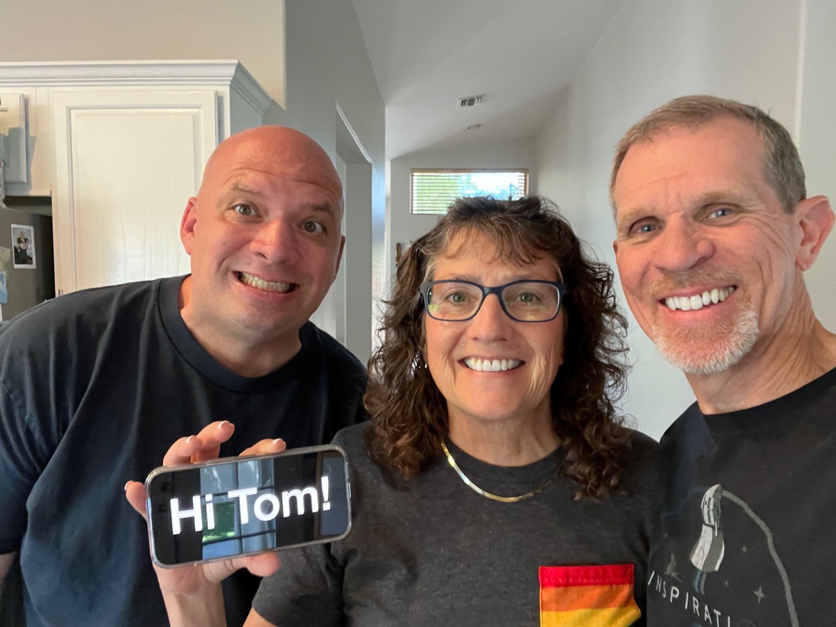 Bodie Allison Steve Hi Tom.jpeg Bodie looking like a lunatic with Allison and Steve with Big Words saying Hi Tom