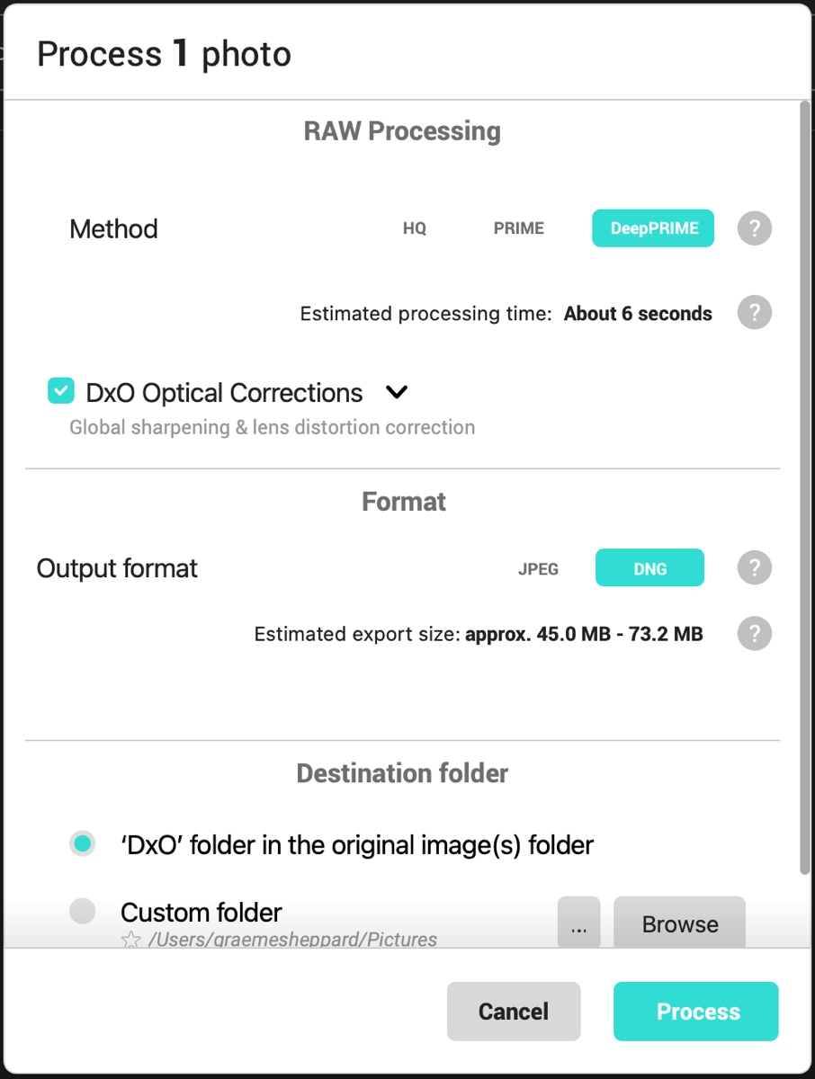 DxO screen showing RAW Processing and outupt formats along with destination folder