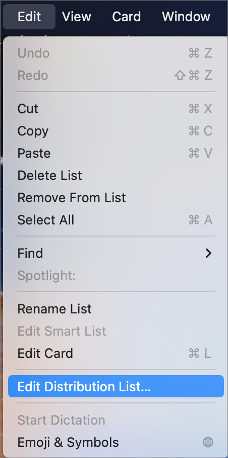 Edit Menu on List Showing Edit Distribution List