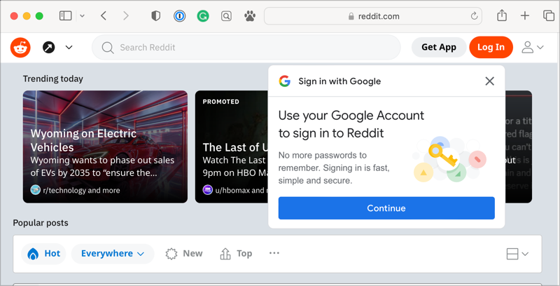 annoying Google Sign-in popup that says "Use your Google Account to sign into Reddit No more passwords to remember. Signing in is fast, simple and secure"