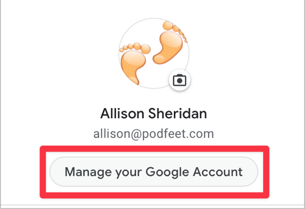 Manage your Google Account button highlighted under avatar