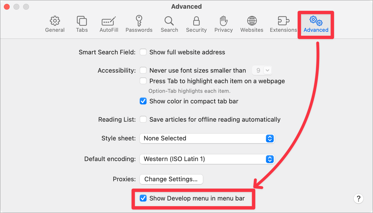 Safari Show Develop Menu in Menu bar.png Safari Settings Show Develop Menu in Menu bar