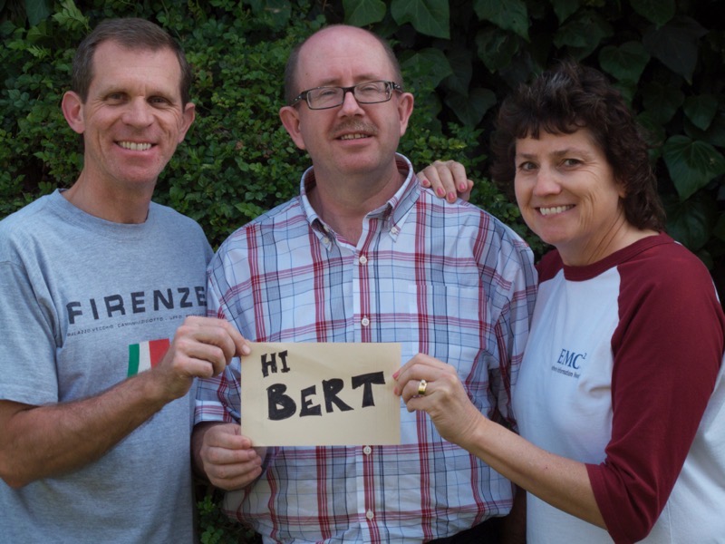 Steve Don Al holding a paper sight that says Hi Bert.jpeg Steve Don Al say Hi Bert