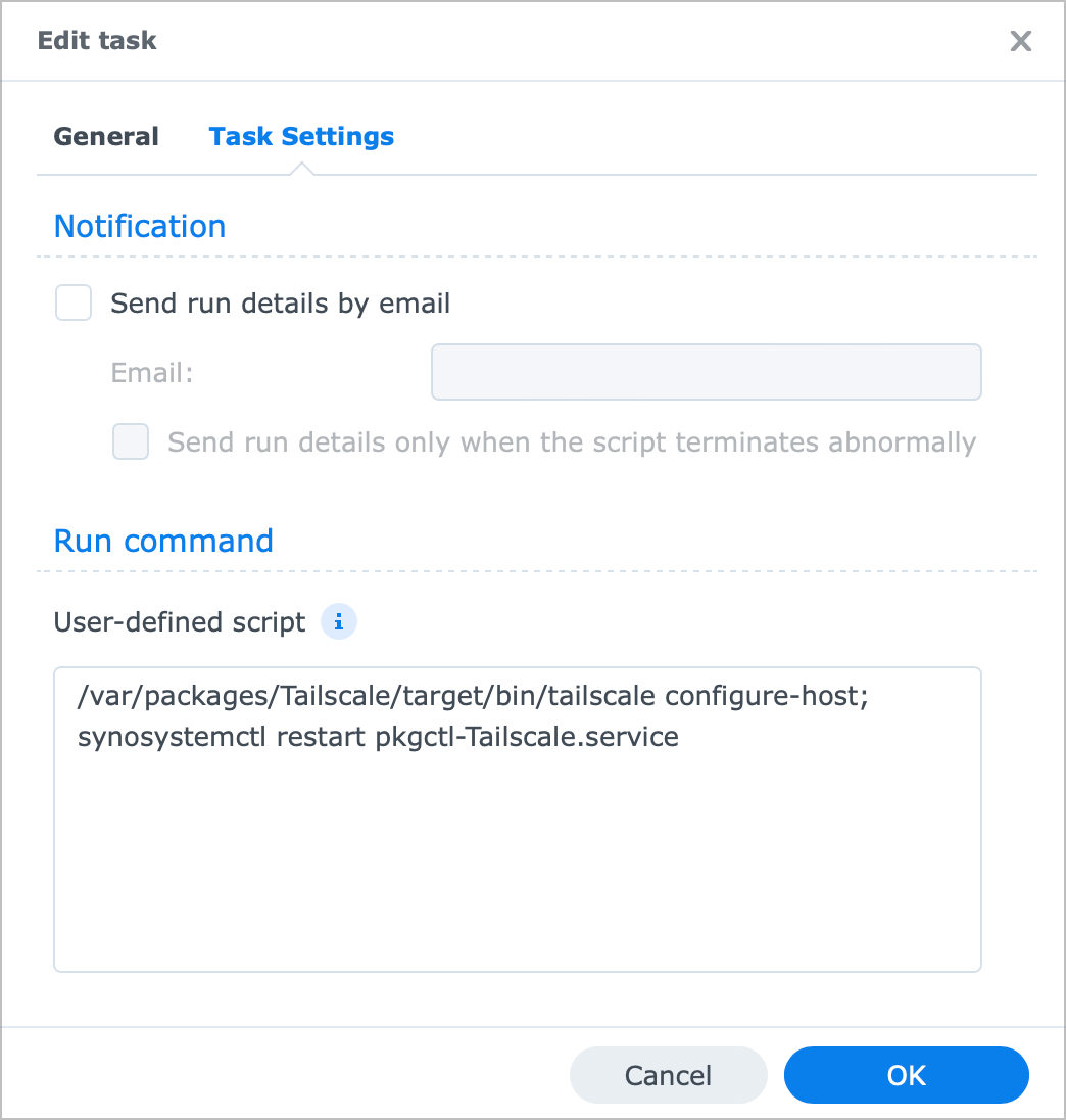 Synology Task Scheduler Showing User defined Script to Allow Outbound Connections