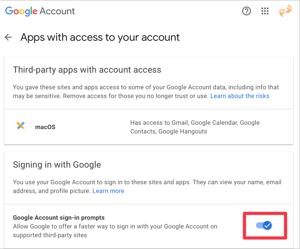 Toggle highlighted next to Google Account sign-in prompts