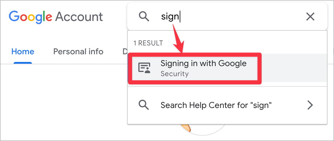 Search with "sign" in it pointing to the search result "signing in with Google"