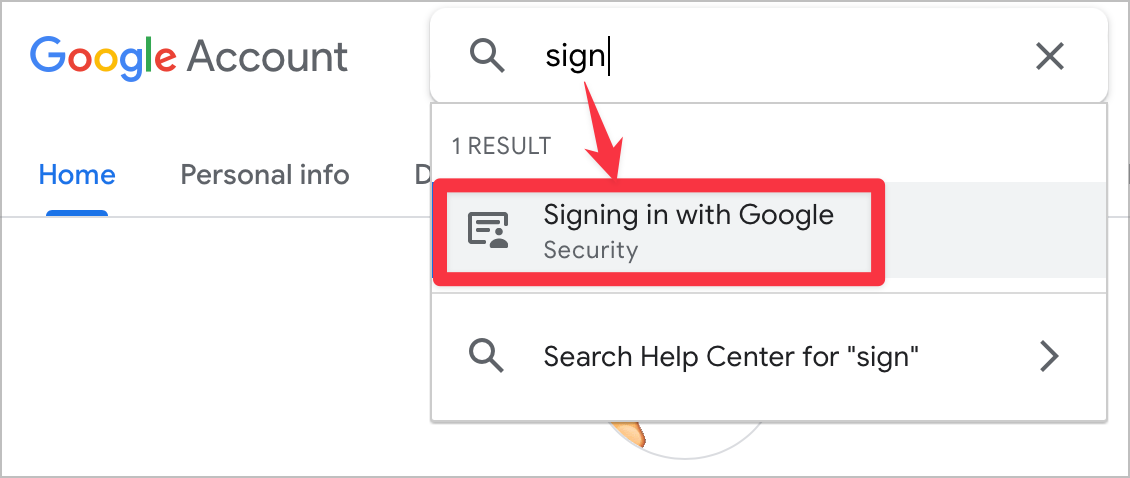 Use Search to find the option.png Search with "sign" in it pointing to the search result "signing in with Google"