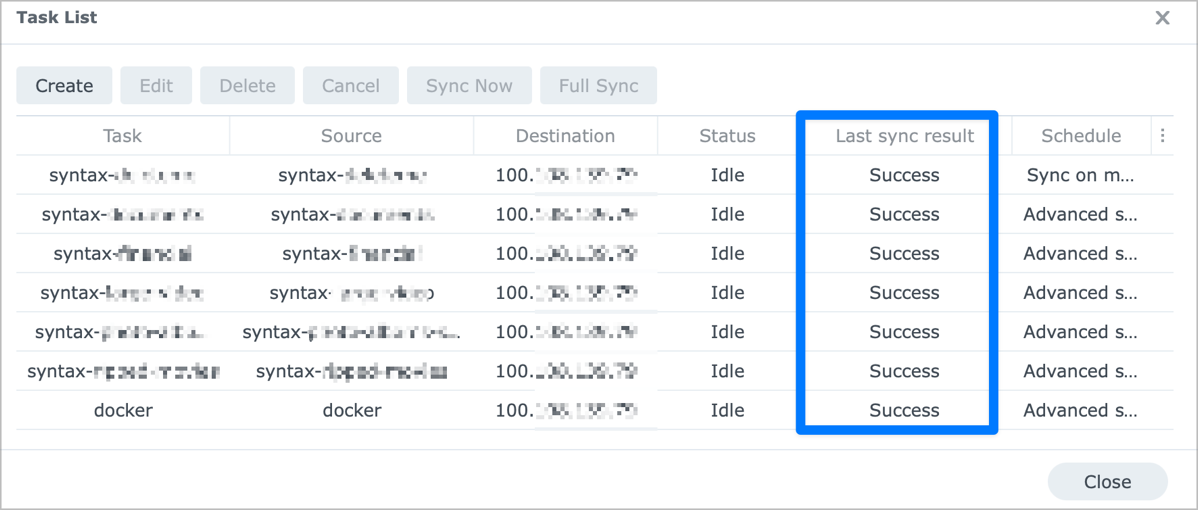 Rsync Task List Showing Success on All Tasks