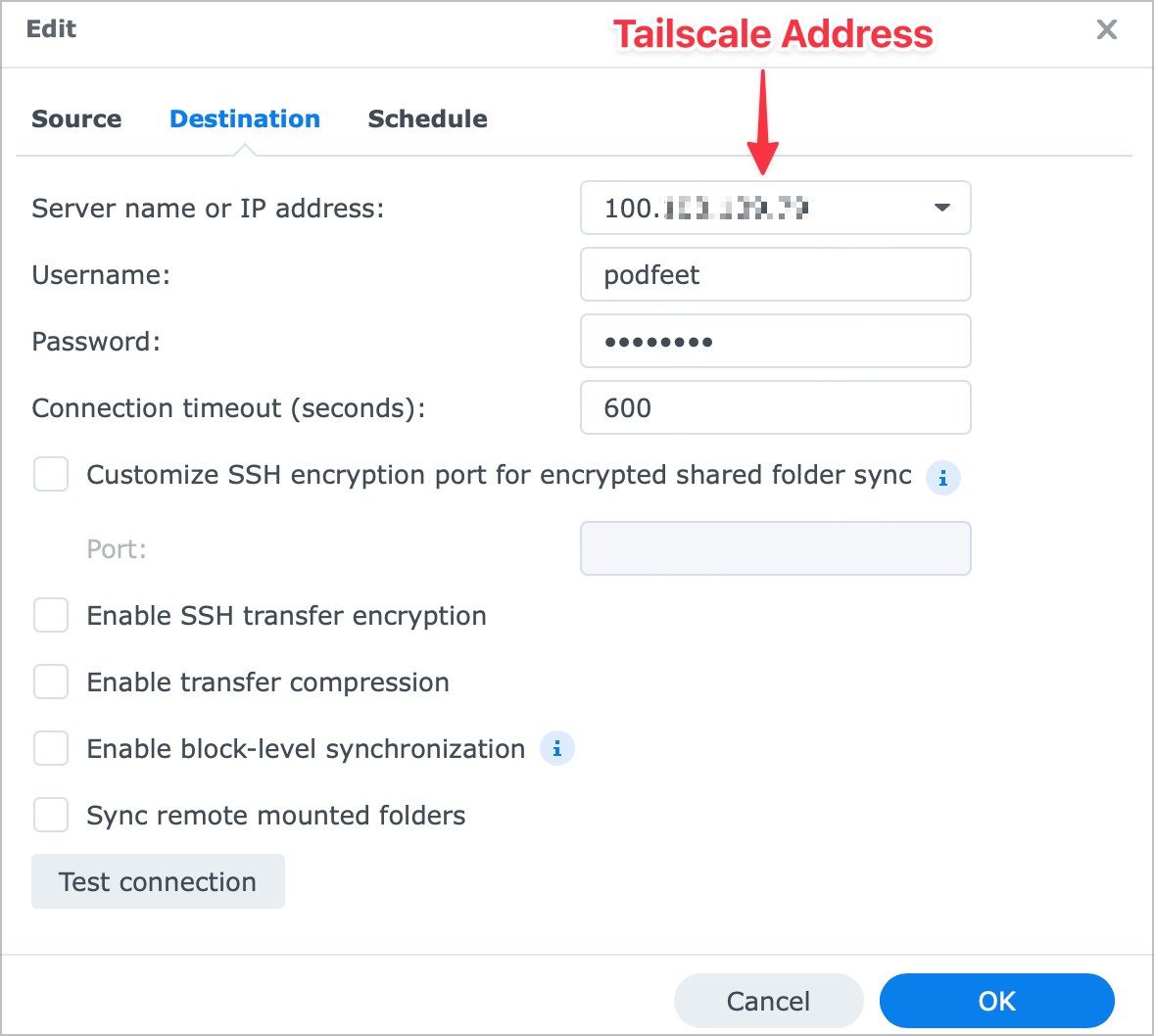 Rsync Task Pointing to Tailscale IP of Destination Synology