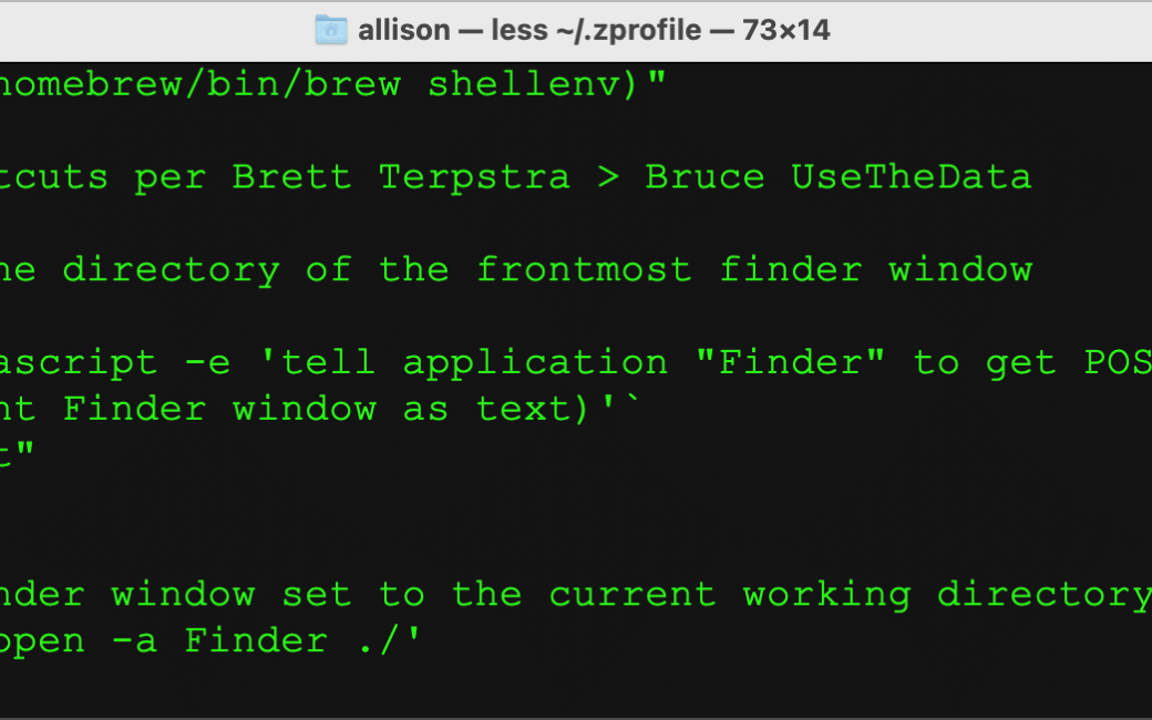 zprofile open in Terminal With added scripts from Bruce and Brett (all described in the article)