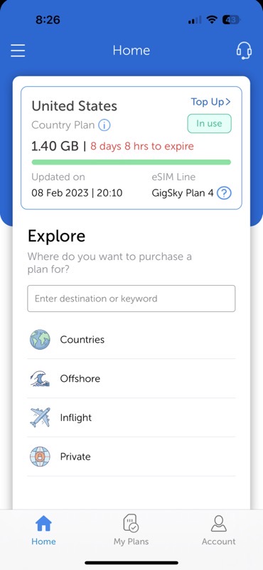 Esimdb Showing my 5GB Argentinian Plan in GigSky