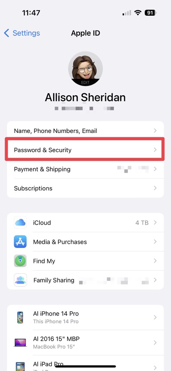 Allison Apple ID in Settings choosing Password & Security