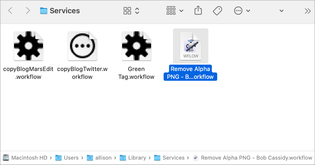 Services in Finder showing workflow