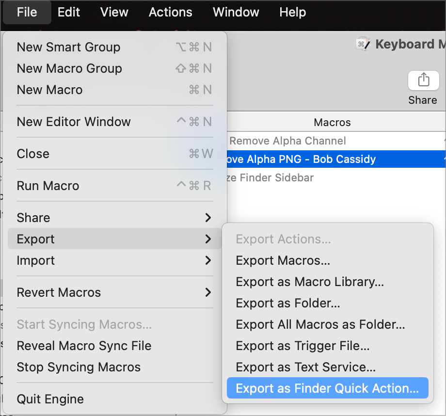 Keyboard Maestro Export macro as Finder Quick Action menu bar
