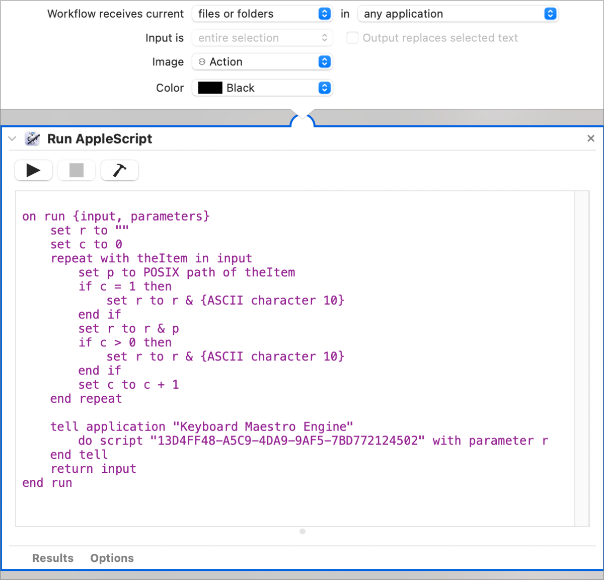 AppleScript Embedded in Automatator Workflow