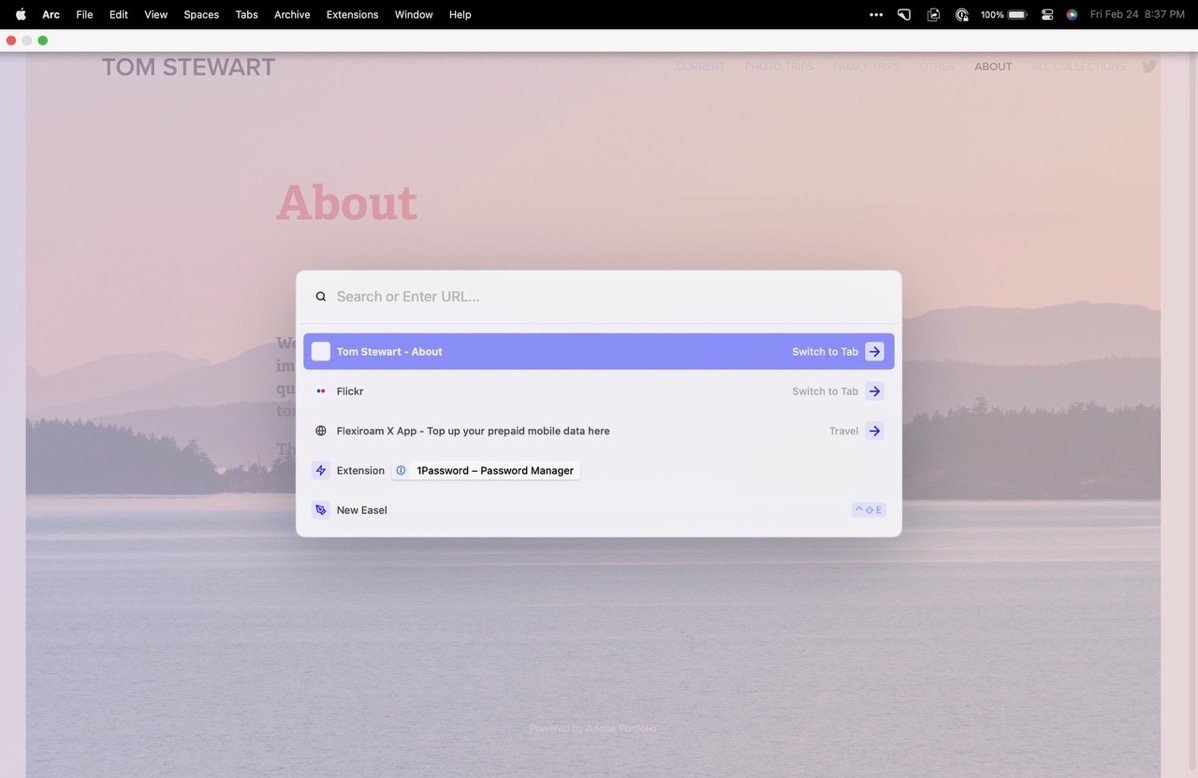 Arc browser filling the screen with no URL bar but it has the search bar open that looks like spotlight floating mid-screen Full screen with no sidebar and popup search field