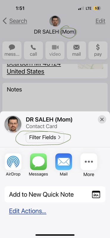 Share page for a contact highlighting the "filter fields" button right under the contact's name. Also highlighting "mom" written after doc's name