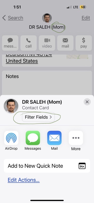 IMG_9558.jpg Share page for a contact highlighting the "filter fields" button right under the contact's name. Also highlighting "mom" written after doc's name