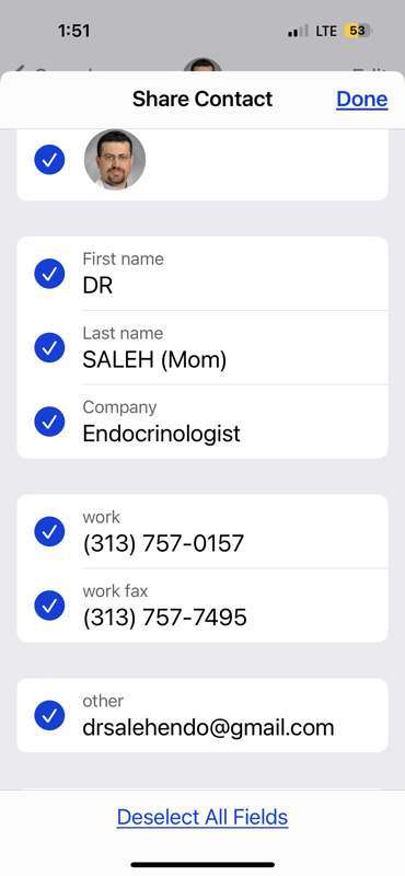 Doctors contact info with checkboxes next to each field on the card signifying what will be shared. also shows deselect all fields at the bottom