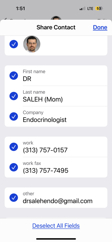 IMG_9559.PNG Doctors contact info with checkboxes next to each field on the card signifying what will be shared. also shows deselect all fields at the bottom