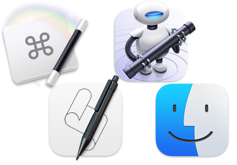 4 logos combined Keyboard Maestro, Automator, Script Editor, and Finder