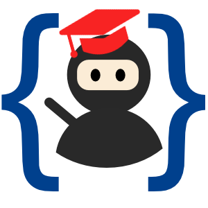 original Programming By Stealth logo of a ninja with curly braces, but they've got a red graduation cap on at a jaunty angle because they're a student. Trust me, it's adorable.
