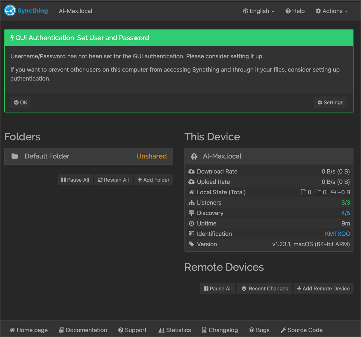 Syncthing Web Interface Before Configuration