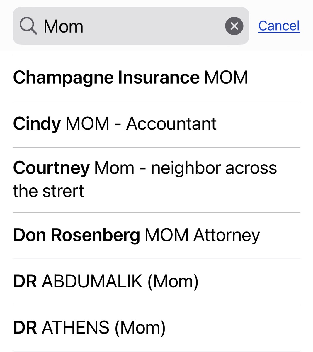 Searching for Mom reveals all of her contacts