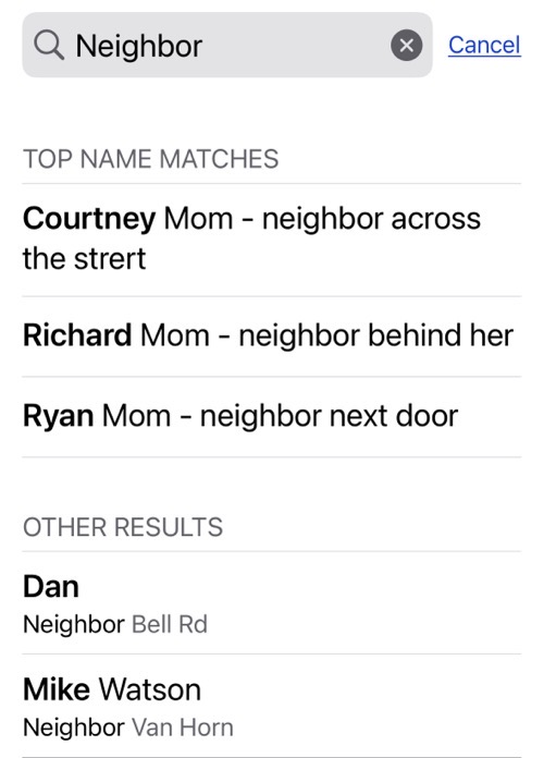 Searching for Neighbor reveals moms neighbors