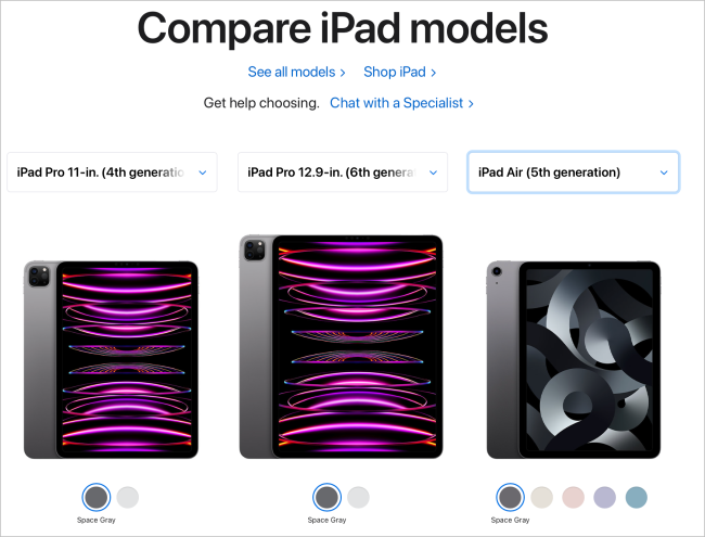Apple Store comparison page for iPads showing 11 and 12 in iPad Pros and iPad Air