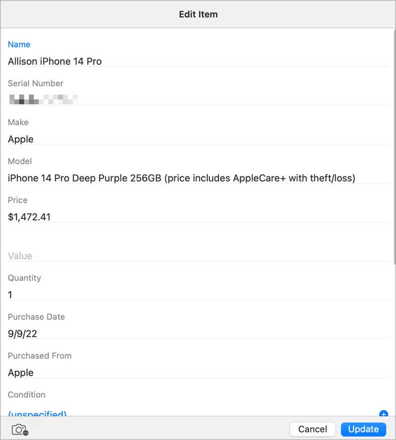 Entry Fields for Items Showing iPhone 14 Pro