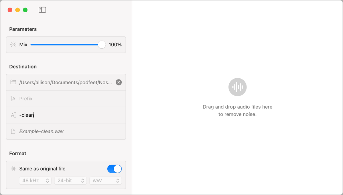 Hush app ready to drag and drop files with settings