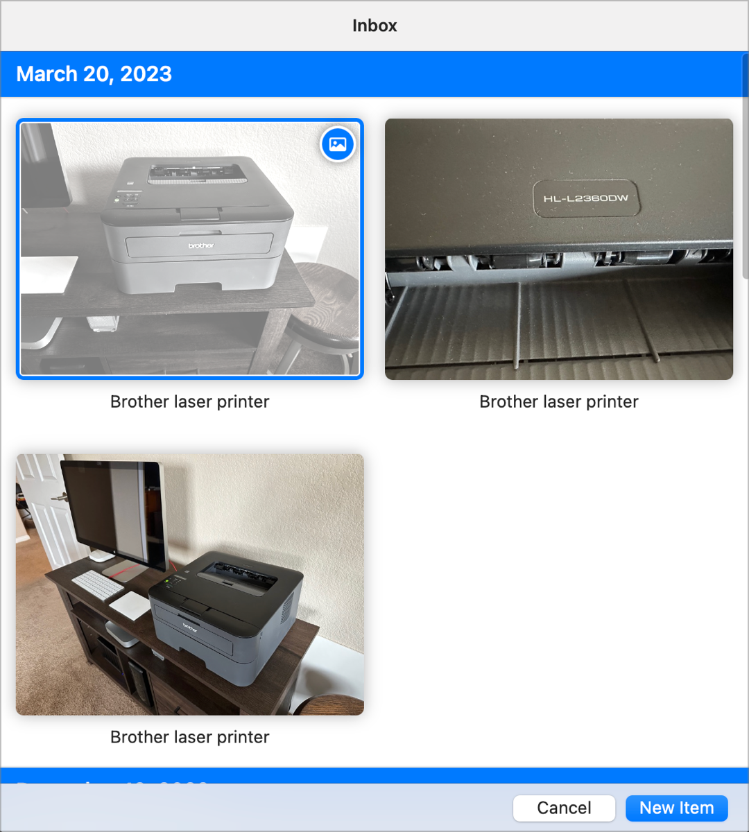 Inbox Showing 3 Photos of Laser Printer and New Item Button