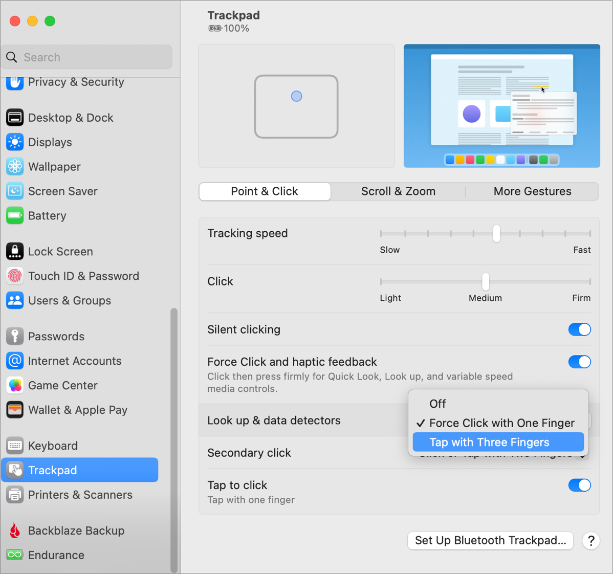 Trackpad Settings to change Look up and data detectors triggers