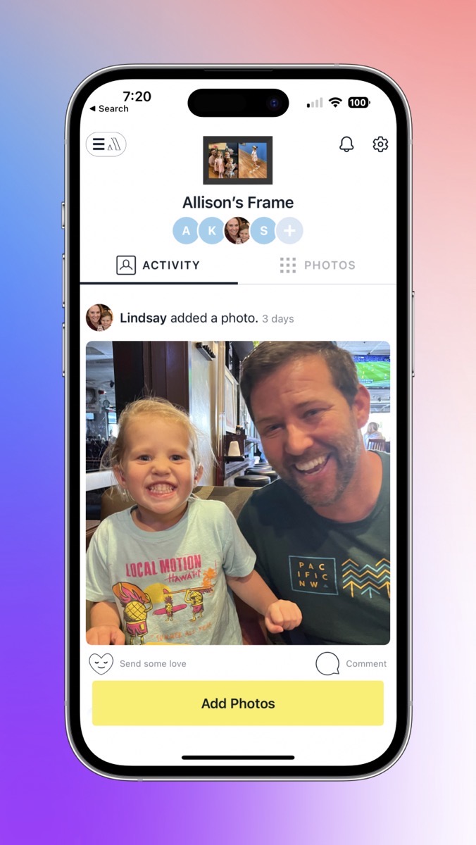 Aura Frame showing Lindsay added a photo of Siena and Nolan along with heart and comment option.jpg Aura Frame showing Lindsay added a photo of Siena and Nolan along with heart and comment option