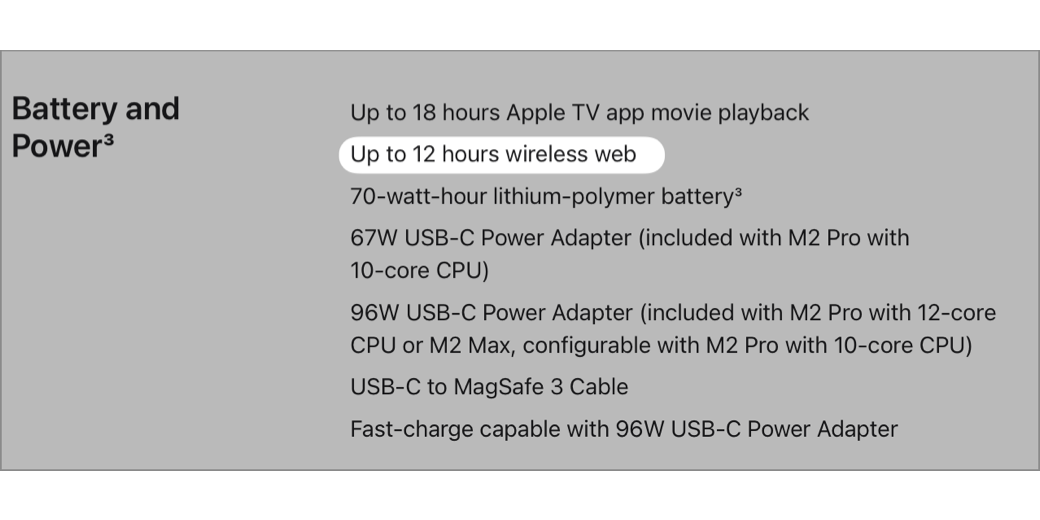 Battery Life 12 Hours on 14 inch MacBook Pro Tech Specs