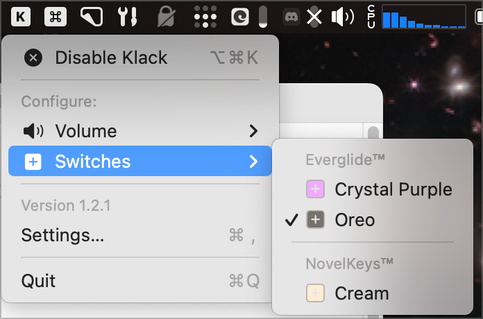 Klack menu showing option to changes switches