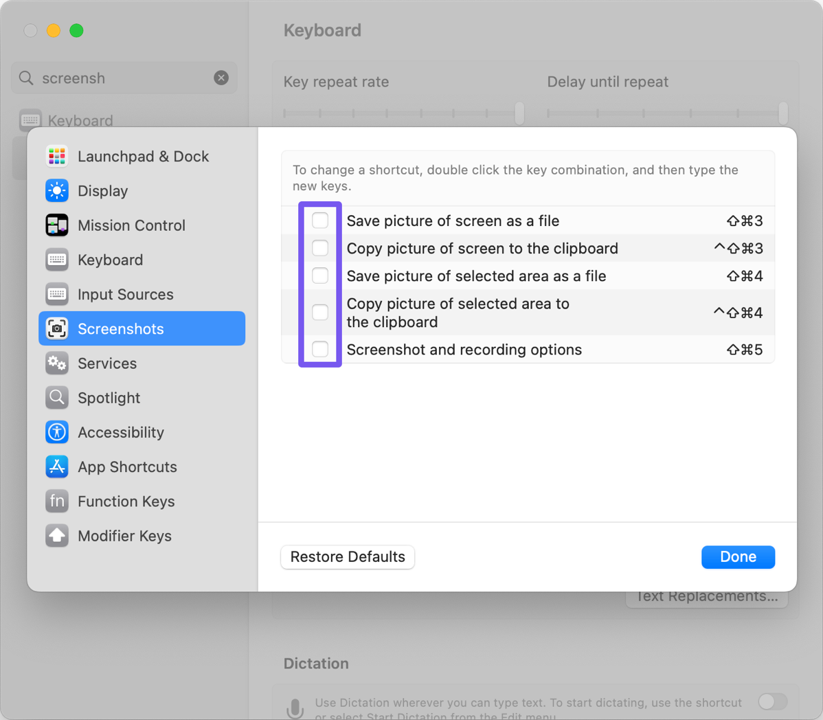 Disable Keyboard Shortcuts in System Settings