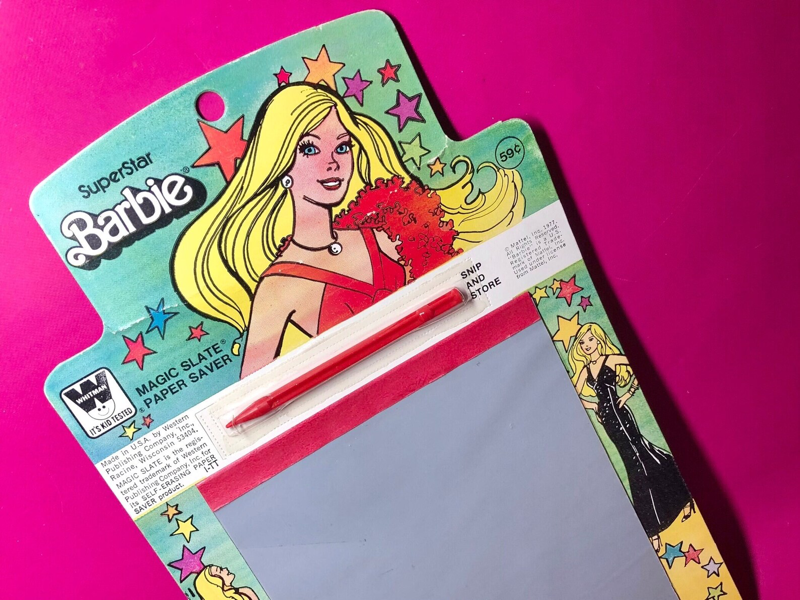 Hasbro Magic Slate Paper Saver Barbie Edition showing pull up film and plastic stylus