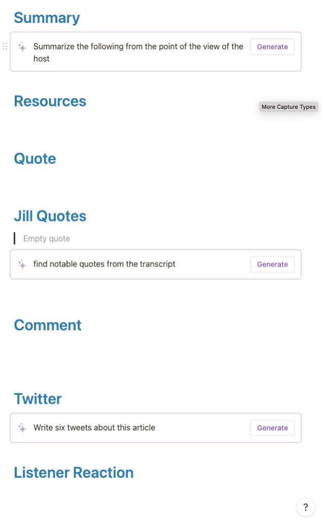 Notion Interface where Jill has added buttons to generate quotes, create social media posts and write a summary