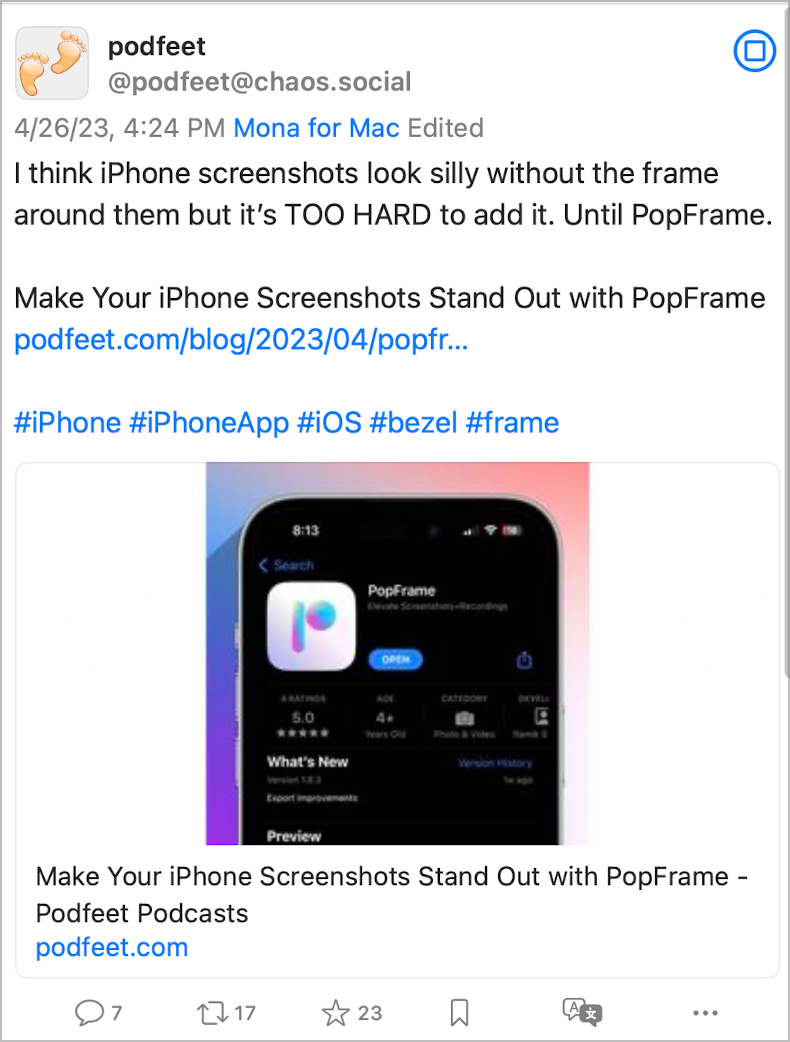 PopFrame Post on Mastodon 7 days 7 comments 17 reposts 23 likes with 680 followers.png PopFrame Post on Mastodon 7 days 7 comments 17 reposts 23 likes with 680 followers