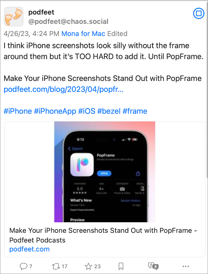 PopFrame Post on Mastodon 7 days 7 comments 17 reposts 23 likes with 680 followers
