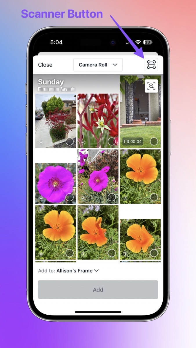 Scanner Button Highlighted on screenshot of add photos