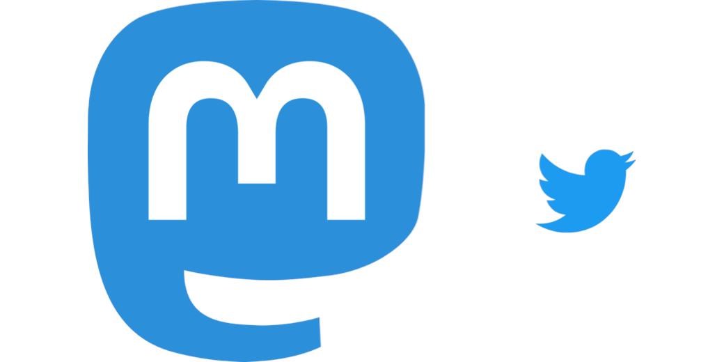 big Mastodon logo and small twitter logo